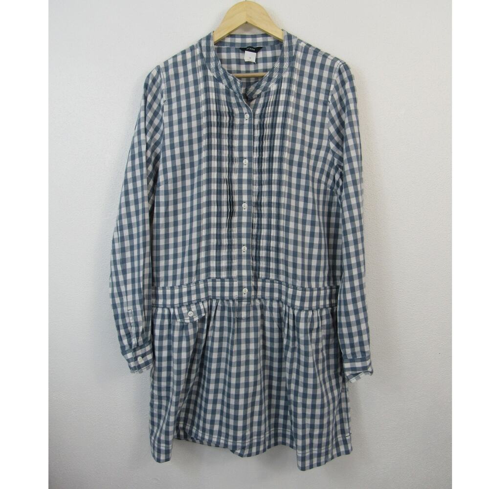 J Crew Size 14 Blue & White Checkered Long Sleeve Drop Waist Mini Dress Plaid